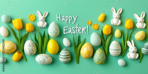 Easter Background with Colorful Eggs, Tulips, and Cute Bunnies photo