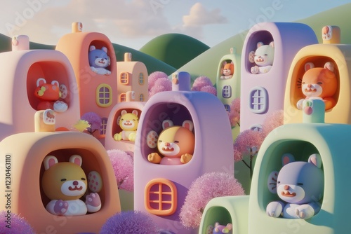 Adorable cartoon animals reside in pastel-colored miniature houses nestled in a whimsical landscape.