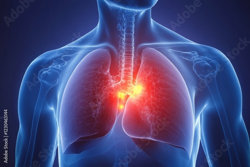 Illustration of human lungs highlighting inflammation and respiratory issues in the chest area