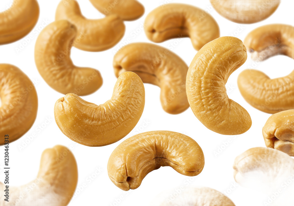 macro shot of golden brown cashew nuts scattered in a dynamic, yet natural arrangement. macro shot of golden brown cashew nuts scattered in a dynamic, yet natural arrangement.