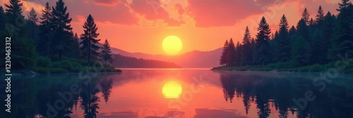 Serene sunset behind towering pine trees over a tranquil lake with water's glassy reflection, reflection, nature