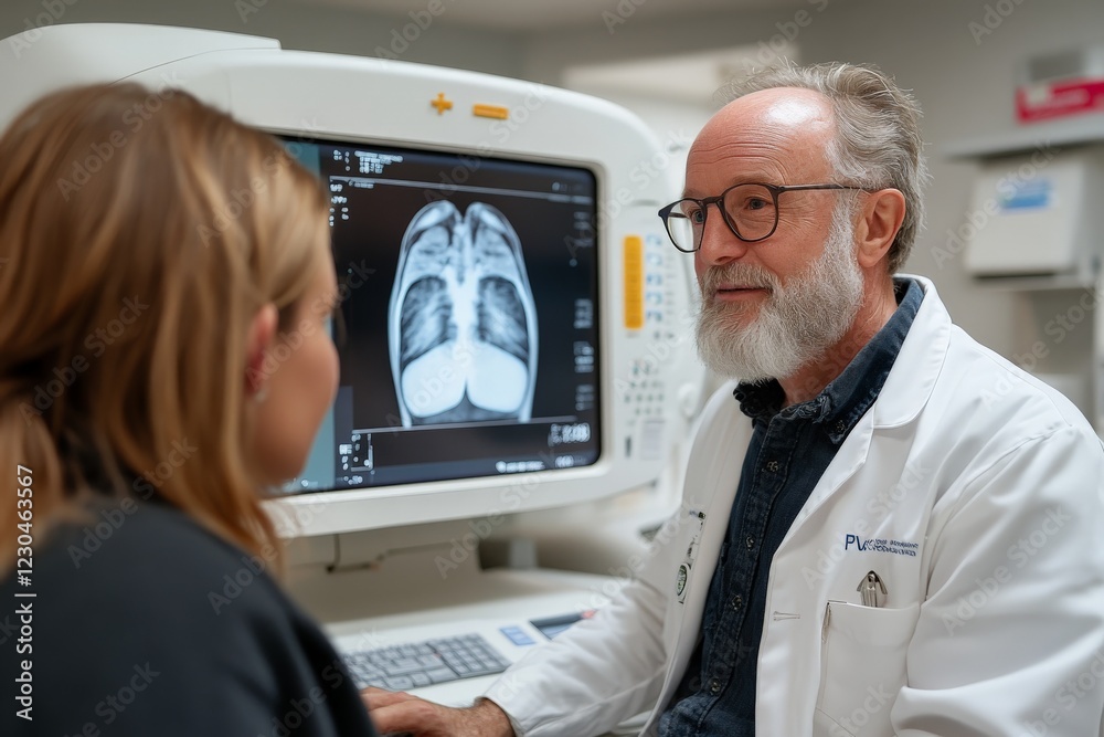 Doctor discussing chest X-ray results with patient in medical facility Doctor discussing chest X-ray results with patient in medical facility