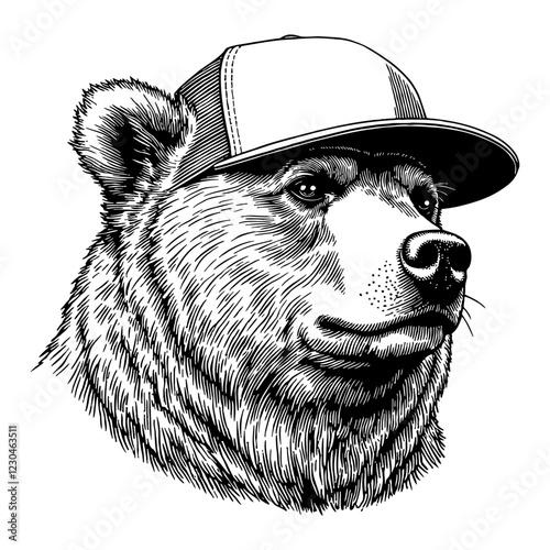 Bear Head with Snapback Hat Black and White Outline Line Art Drawing Detail Illustration