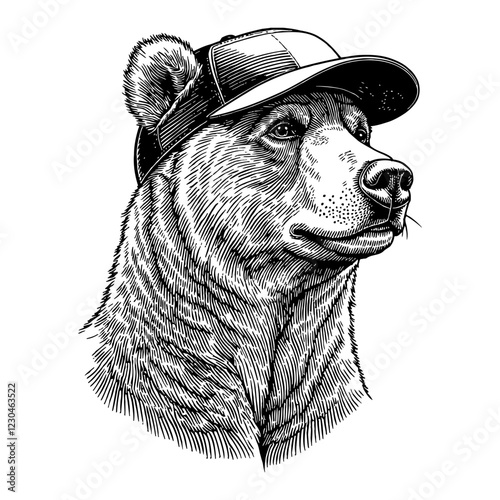 Bear Wearing Snapback Hat Detailed Black and White Outline Line Art Drawing Isolated on White