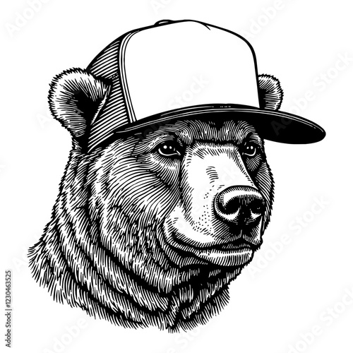 Bear Wearing Snapback Hat Front View Detailed Black and White Outline Line Art Drawing