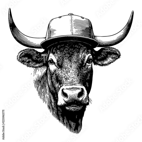 Front View Bull Head with Snapback Hat Black and White Outline Line Art Drawing