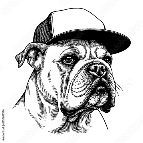 Bulldog Wearing Snapback Hat Detailed Black and White Outline Line Art Drawing
