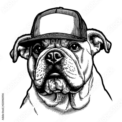 Bulldog Wearing Snapback Hat Front View Black and White Outline Line Art Drawing