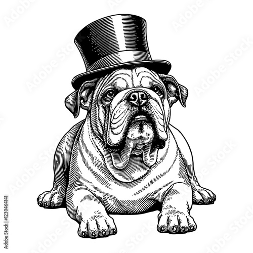 Bulldog Sitting Wearing Top Hat in Black and White Outline Line Art Drawing with Detailed Engrave