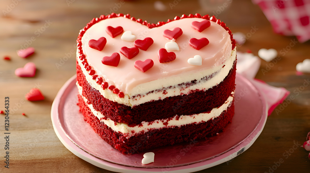 custom made wallpaper toronto digitalA heart-shaped Valentine's Day cake with layered red velvet, cream cheese frosting, and a smooth pink glaze finish, decorated with small heart-shaped sugar decorations