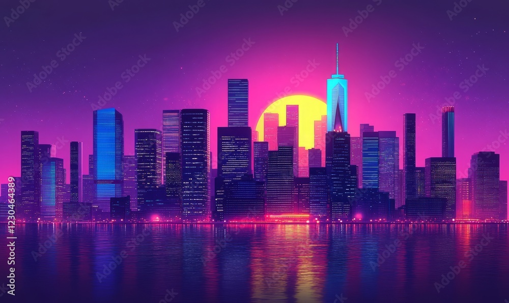Obraz premium Vibrant city skyline at sunset, reflected in calm water.