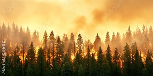 Forest Landscape with Trees Engulfed in Towering Flames of Fire