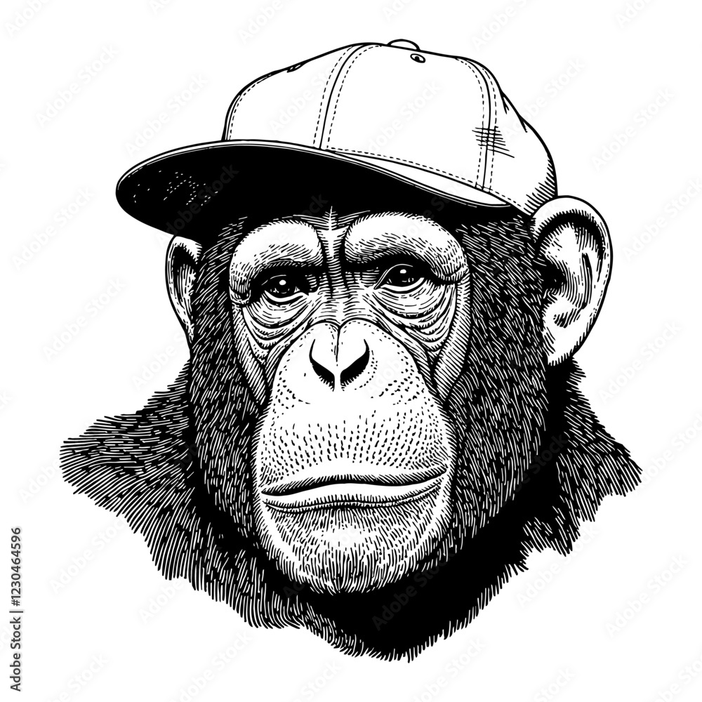 Fototapeta premium Chimpanzee Wearing Snapback Hat Detailed Black and White Outline Line Art Drawing