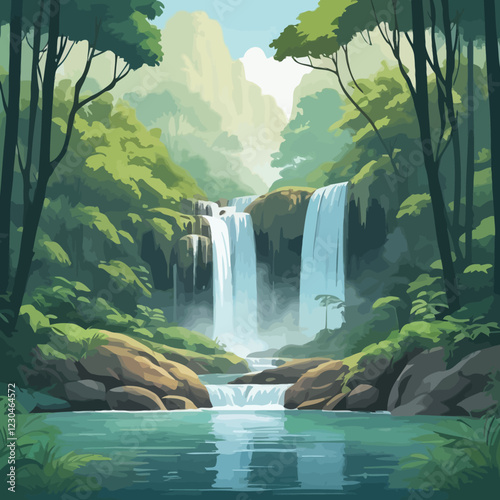 A serene view of waterfalls, cliffs and a natural rocky environment