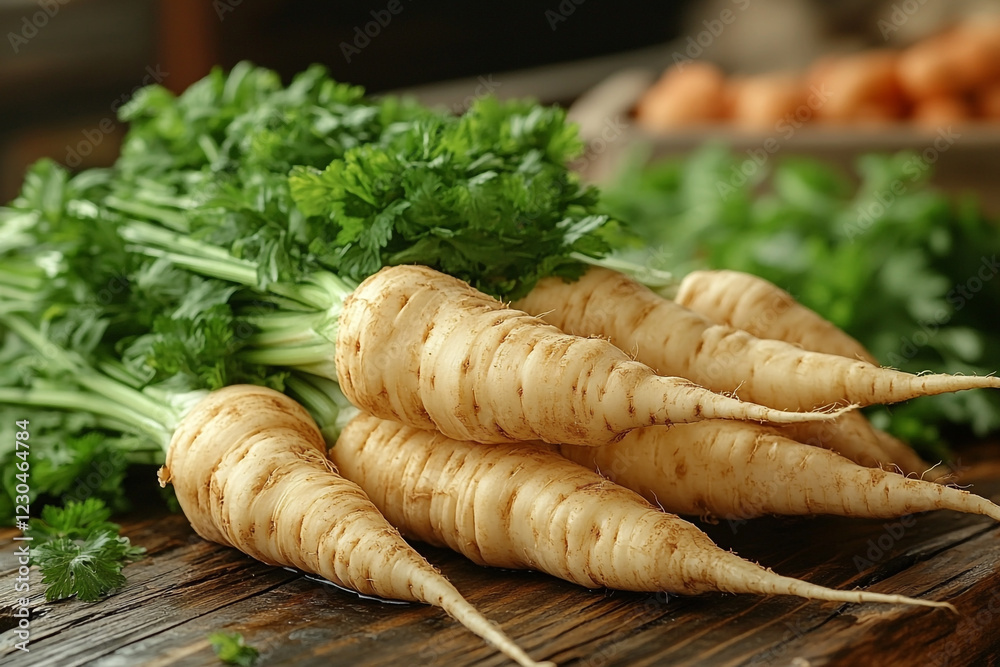 Fresh Parsnips with Lush Green Tops on Wooden Surface Fresh Parsnips with Lush Green Tops on Wooden Surface