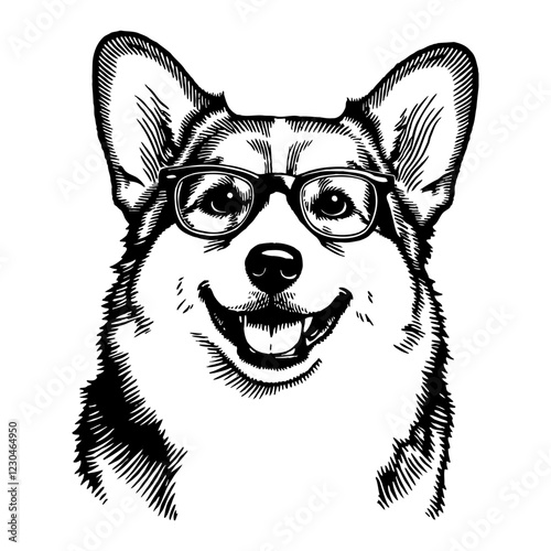 Corgi with Glasses Detailed Black and White Outline Line Art Drawing Isolated on White Background