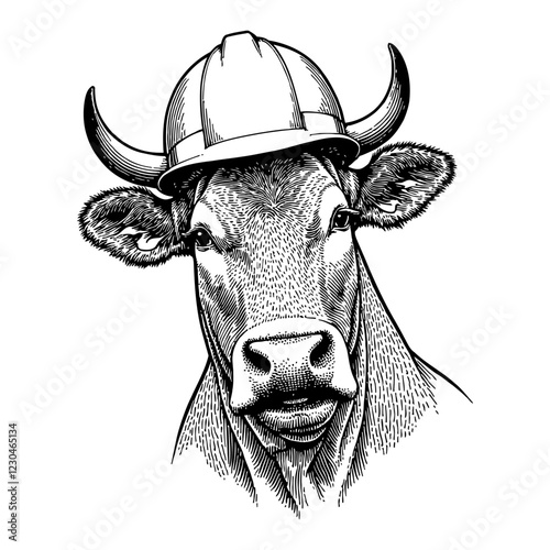 Cow Wearing Construction Helmet Detailed Front View Black and White Outline Line Art Drawing