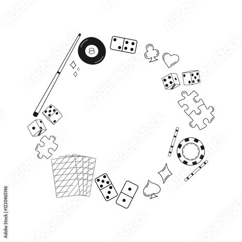 Game and casino elements circle frame. Vector illustration. Pool, dice, domino, poker chips, playing cards, puzzle. Versatile design for gaming, entertainment, casino-themed projects.