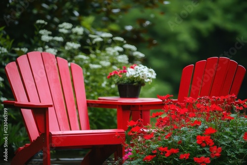 Red Adirondack chairs with flowers on table Minimalist . Two red chairs positioned in a vibrant garden surrounded by colorful flowers.