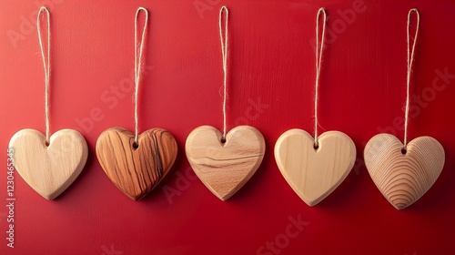 Heart-Shaped Wooden Decorations on a Red Backdrop for Romance photo