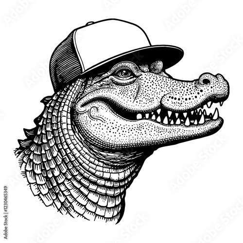Crocodile with Snapback Hat Detailed Black and White Outline Line Art Drawing Engraved Style