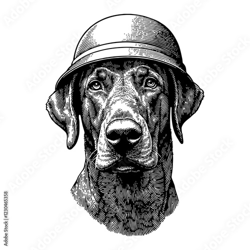 Doberman Dog Head Wearing Army Helmet Black and White Outline Line Art Drawing