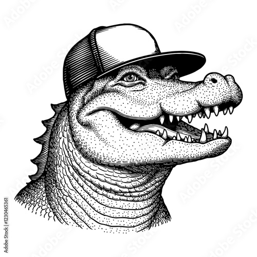 Crocodile Wearing Snapback Hat Black and White Outline Line Art Drawing With Detailed Engraving