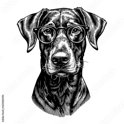 Doberman Dog Wearing Glasses Detailed Black and White Outline Line Art Drawing Portrait