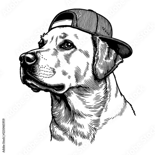 Dog Wearing Snapback Cap Detailed Black and White Outline Line Art Drawing Illustration