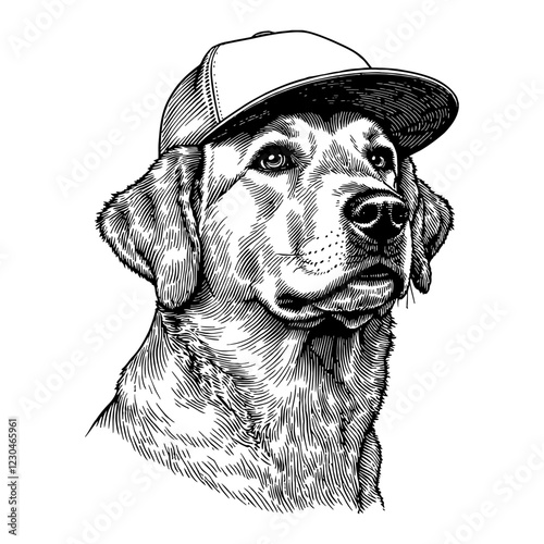 Golden Retriever Dog Wearing Snapback Hat Black and White Outline Line Art Drawing