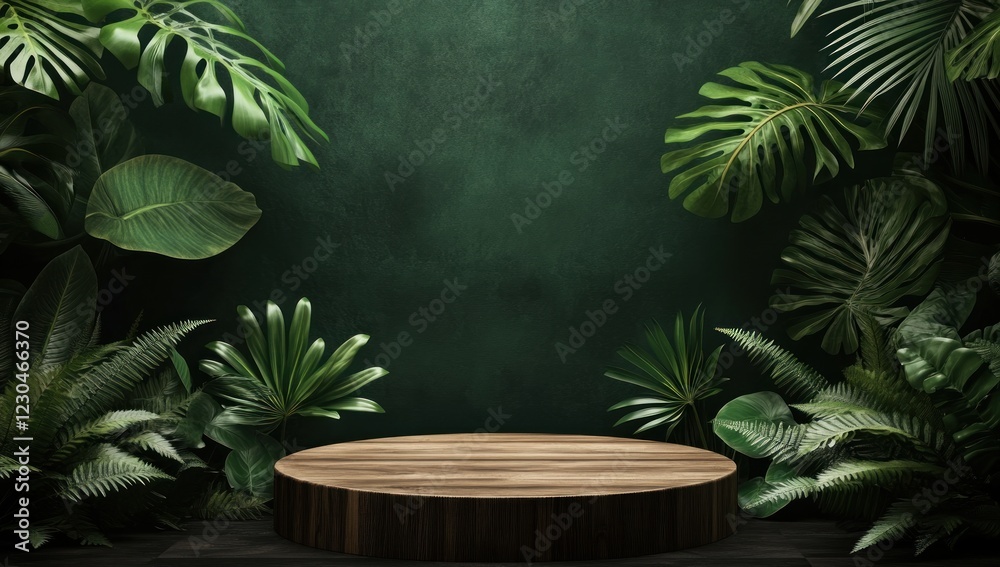 Lush Tropical Green Backdrop with Wooden Display Platform Lush Tropical Green Backdrop with Wooden Display Platform