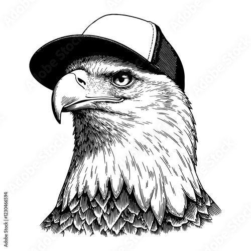 Eagle Head Wearing Snapback Hat in Detailed Black and White Outline Line Art Drawing