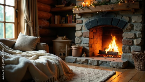 A cozy corner in a cabin with a soft beige blanket and a crackling fireplace, fireplace, blanket, rustic