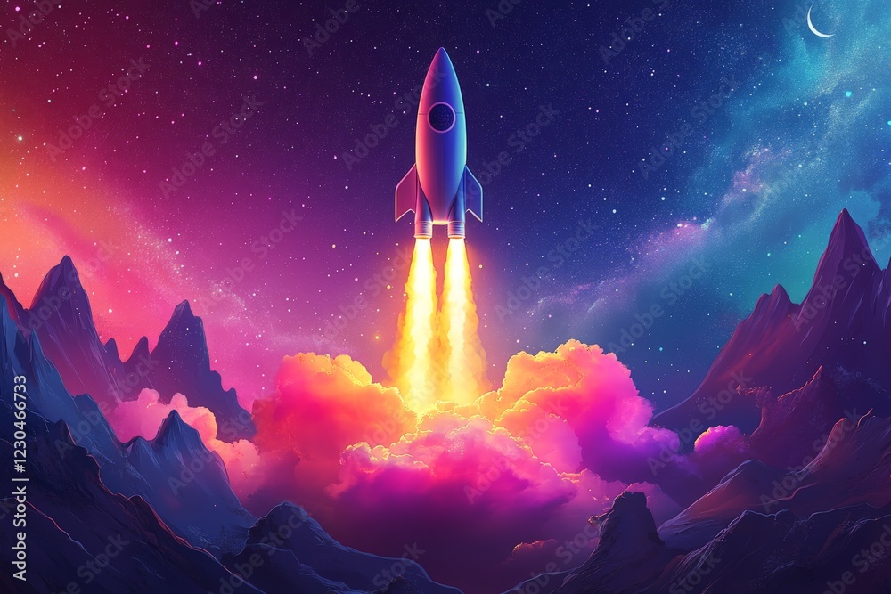 Obraz premium Rocket launching into a vibrant cosmos with colorful clouds and mountains in the background during twilight hours