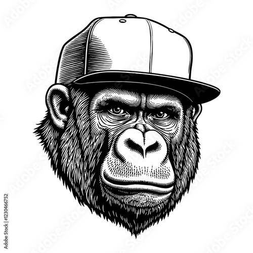Cool Gorilla Wearing Snapback Hat Detailed Black and White Outline Line Art Drawing