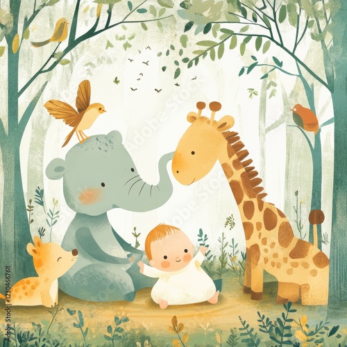 Baby Plays with Friendly Forest Animals photo