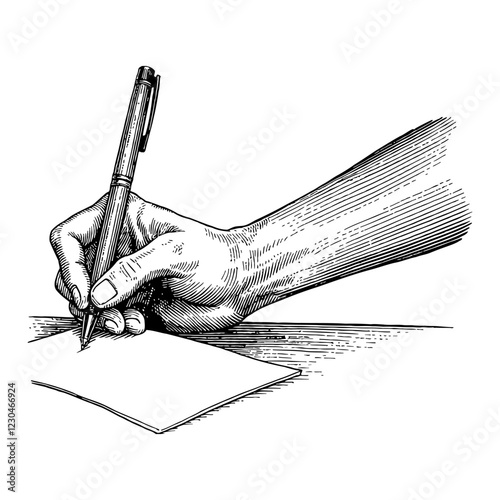 Hand Holding Pen Writing on Paper in Detailed Black and White Outline Line Art Drawing