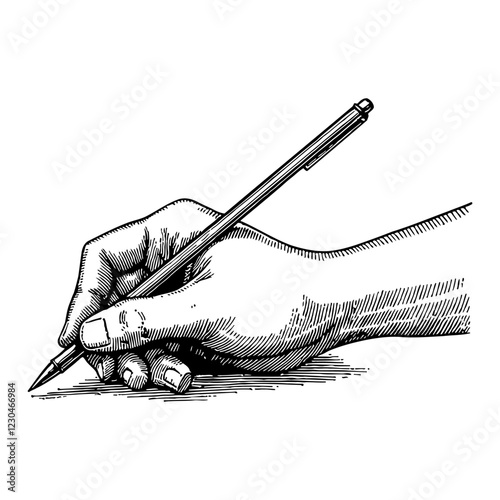 Hand Holding a Pen in Writing Pose Detailed Black and White Outline Line Art Drawing