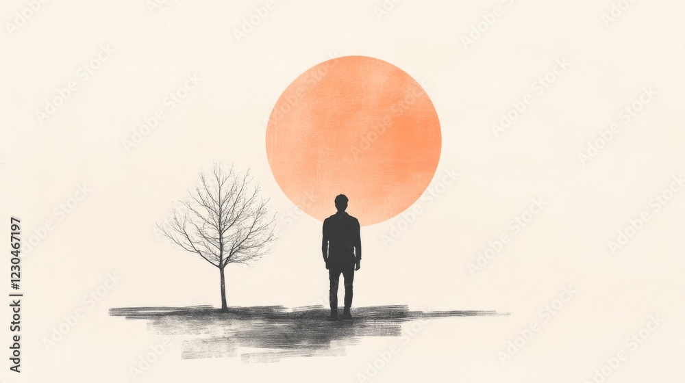 Silhouette of a man standing before a large orange sun and a barren tree. Silhouette of a man standing before a large orange sun and a barren tree.