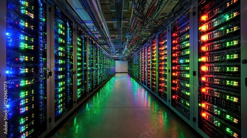 High-performance server rack in modern data center with vibrant LED lights