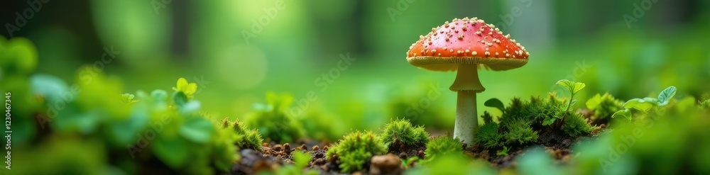 Fototapeta premium A mushroom growing among ferns and wildflowers, green, fungi