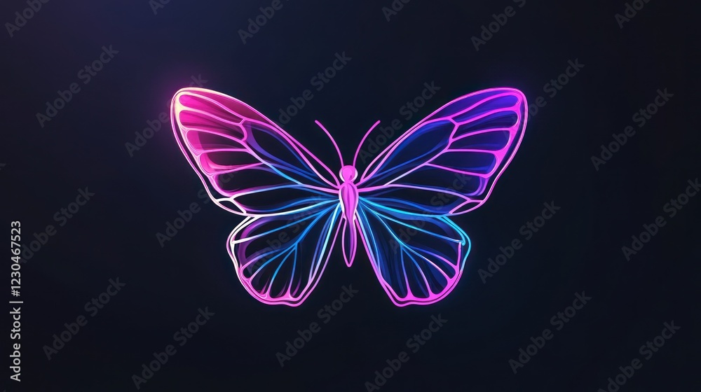 Fototapeta premium Neon butterfly wings dark background, digital art