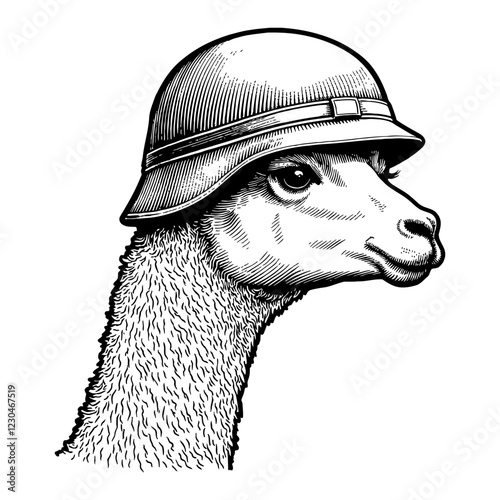 Llama Wearing Army Helmet Side View Detailed Black and White Outline Line Art Drawing
