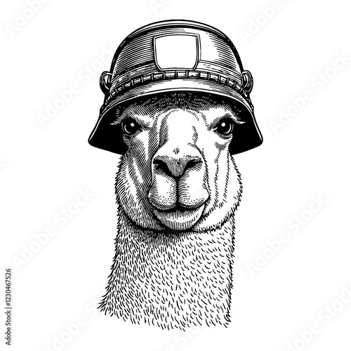 Llama Wearing Army Helmet Front View Black and White Outline Line Art Drawing