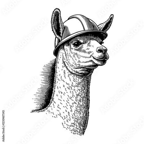 Llama Wearing Construction Helmet Black and White Outline Line Art Drawing with Engraving Detail