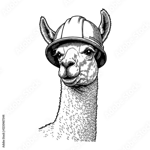 Llama Wearing a Construction Helmet Black and White Outline Line Art Drawing of an Animal