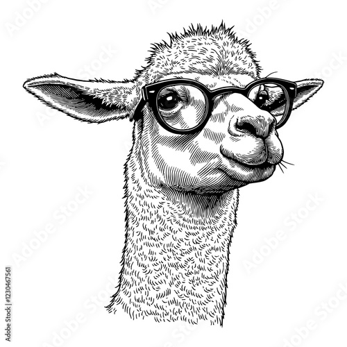 Llama Wearing Glasses Detailed Black and White Outline Line Art Drawing Illustration Isolated Object