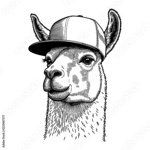 Llama Wearing Snapback Hat in Detailed Black and White Outline Line Art Drawing