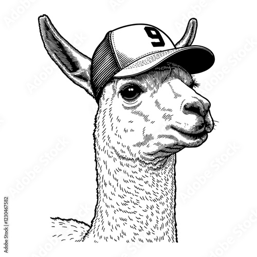 Llama Wearing Snapback Hat Animal Black and White Outline Line Art Drawing Detailed Sketch