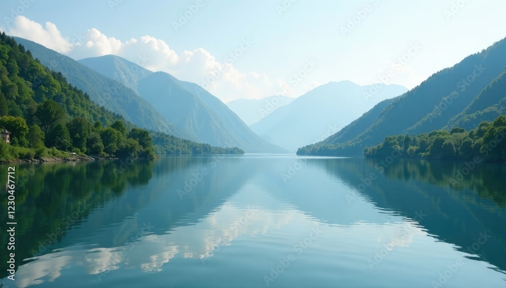 Fototapeta premium A serene and peaceful lake scene with surrounding hills, water catchment, peaceful